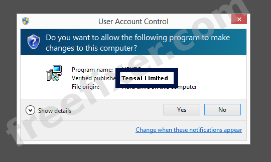 Screenshot where Tensai Limited appears as the verified publisher in the UAC dialog